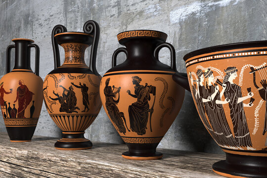 Four ancient Greek wine vases of different shapes with meander ornaments and various patterns stand in a row on a wooden shelf against a concrete wall. 3d render.
