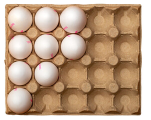 Eggs from a hen farm with markings in a paper package. Isolated background.