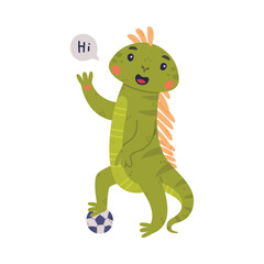 Funny Green Iguana Character with Scales Greeting Saying Hi Standing with Ball Vector Illustration