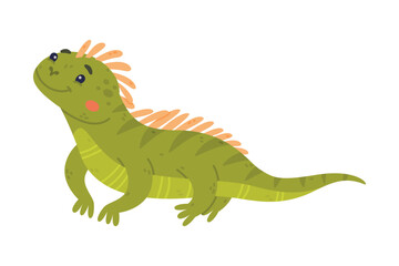 Fototapeta na wymiar Funny Green Iguana Character with Scales Sitting and Smiling Vector Illustration
