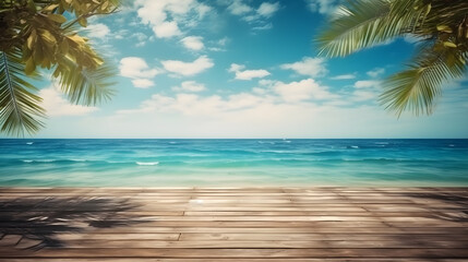 Summer tropical sea with waves, palm leaves and blue sky with clouds. Perfect holiday landscape with empty wooden table. A wooden deck with a view of the ocean.