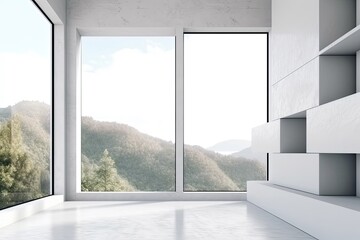 an empty room with a panoramic view of a majestic mountain range. Generative AI