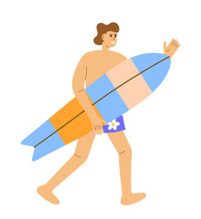 Summer beach character. Character standing with paddle boards. Man surfing. Summer activity and healthy lifestyle. Flat vector illustrations
