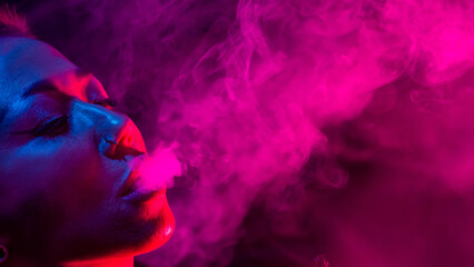 Asian woman with short haircut smoking in neon light. close-up portrait. 