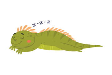 Funny Green Iguana Character with Scales Sleeping and Snoring Vector Illustration