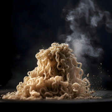 Instant noodles in a frying pan with splashes on a black background