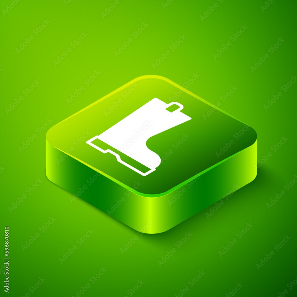 Canvas Prints Isometric Waterproof rubber boot icon isolated on green background. Gumboots for rainy weather, fishing, gardening. Green square button. Vector