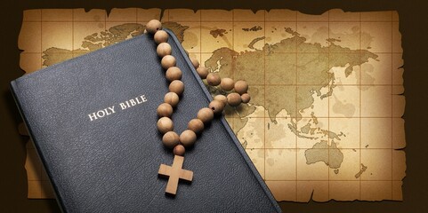 Modern world map and Holy Bible book