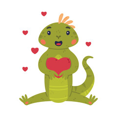 Funny Green Iguana Character with Scales Sitting with Red Heart Vector Illustration