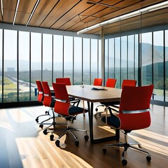Heller Denkraum: Sonnendurchfluteter Meetingraum mit roten St&uuml;hlen | AI-Art