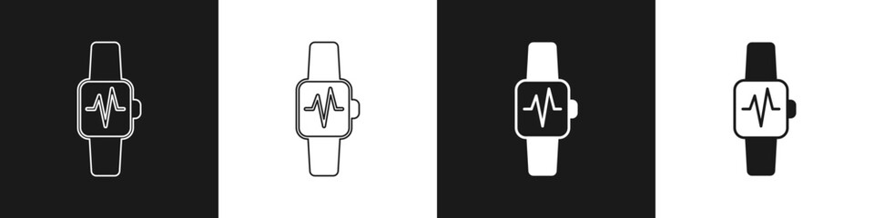 Set Smart watch showing heart beat rate icon isolated on black and white background. Fitness App concept. Vector