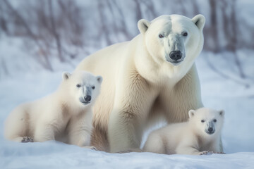 Obraz na płótnie Canvas polar bear family looking at the camera, ai generated.