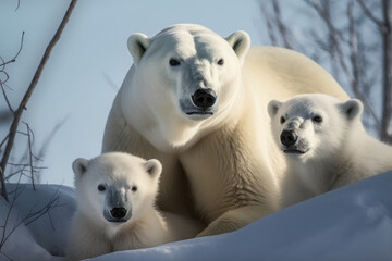 Obraz na płótnie Canvas polar bear family looking at the camera, ai generated.