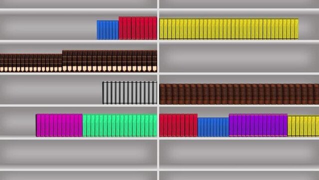 Collection of books with multicolored covers appear in case