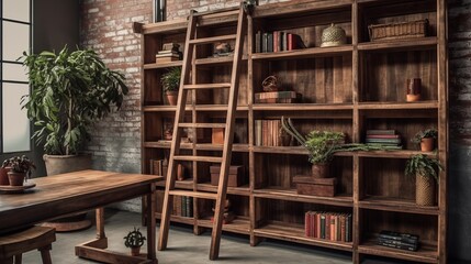 Rustic wooden bookshelf with ladder. AI generated