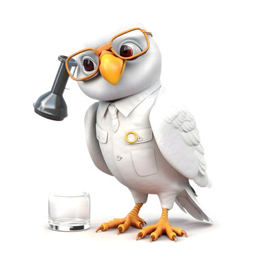 White owl character with glasses and a glass of whiskey on a white background