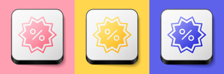 Isometric Discount percent tag icon isolated on pink, yellow and blue background. Shopping tag sign. Special offer sign. Discount coupons symbol. Square button. Vector