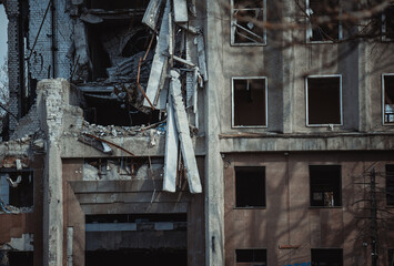 Fototapeta na wymiar Destroyed administrative building in Ukraine, April 2023 Mykolaiv