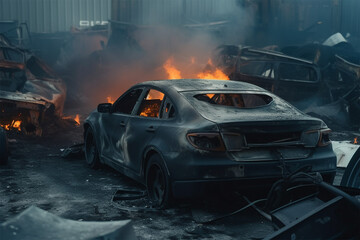 Fototapeta na wymiar Old damaged burnt car on junkyard. Wrecked car after accident, graveyard. Smashed, crushed transport. Realistic Ai generated art