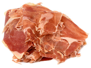 Thinly sliced pieces of jamon on a white isolated background