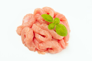 Fresh pieces of turkey meat on a white background.Ogranic food and healthy eating.Frozen chicken fillet.Raw chicken.