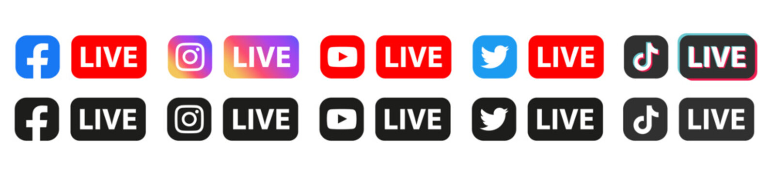 Social media live icons.Facebook live,Instagram live,Youtube live,Twitter live,TikTok live.Vector Editorial