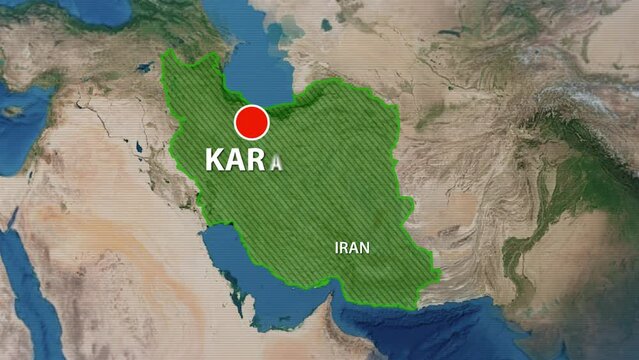 Designation of the borders of Iran on the map and the mark of the location of the city of Karaj