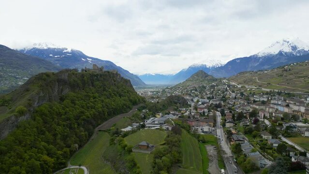 Valere Castle in the city of Sion Switzerland - aerial view by drone