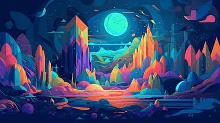A painting of a mountain landscape with a full moon in the background, space art, nightscape, sci-fi.
