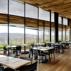 Restaurant Interior with scenic view outside the windows, Generative AI