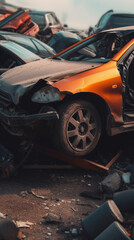Damaged cars junkyard. Wrecked cars after accident, graveyard. Smashed, crushed, decayed, rusty transport. Realistic vertical Ai generated art