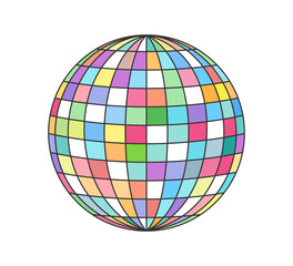 Retro groovy disco ball. Vintage hippie cartoon colorful mirrored discotheque sphere sticker. Hippy style trendy y2k funky vector isolated eps illustration
