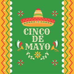 Colored cinco de mayo poster with mexican hat and trumpets Vector