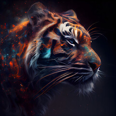 Tiger head with fire and smoke effect. Abstract color art.