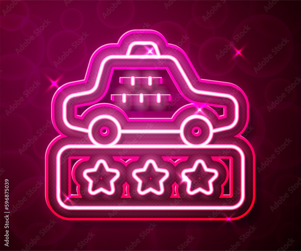 Poster glowing neon line taxi service rating icon isolated on red background. vector