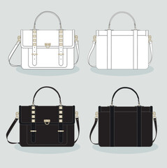 black and white technical sketch of a women's leather handbag. Color sketch template of women's bag.