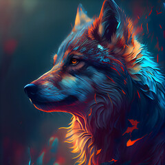 Portrait of a wolf in fire. Digital painting on canvas.