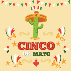 Colored cinco de mayo celebration poster Cactus with traditional hat Vector