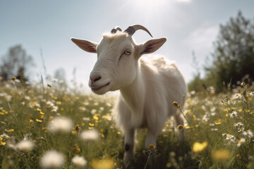 White goat grazes in a field with green grass and yellow dandelions on a sunny day. White horned goat walks on a green meadow in a farm. Generative AI