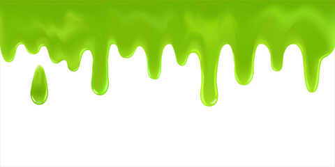Flowing green sticky liquid. 3d realistic vector illustration. Green slime drop. Melted melted toxic liquid drips and flowing. Vector illustration isolated on white background