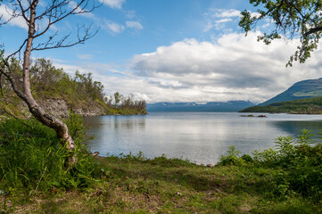 Lake and grass bank in Abisko National Park in Sweden