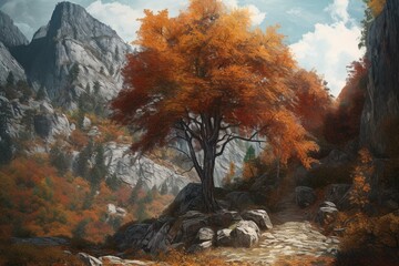 A mountainous landscape painting featuring an autumn tree in the melting season. Generative AI