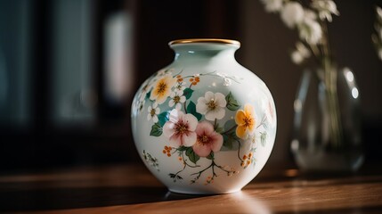 Hand painted porcelain vase with blooms pattern. AI generated