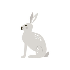 Cute cartoon isolated gray rabbits in Nordic style. Vector hand-drawn animals for nursery on red background.