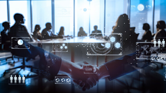 デジタルの世界でグローバルビジネスに成功したエリートのイメージ、デジタル会議・商談のバックグランド - Powered by Adobe