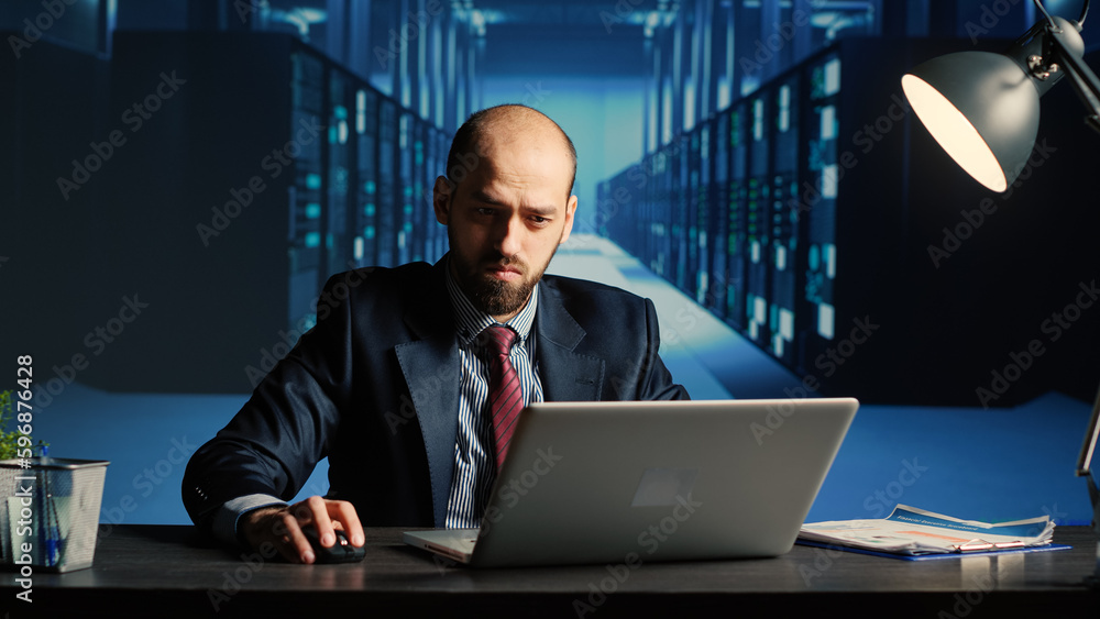 Poster data center technician feeling tired working in server room, doing cloud computing digitalization fo