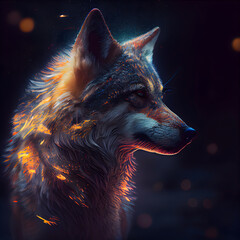 Close up portrait of a wolf in the light of fire.