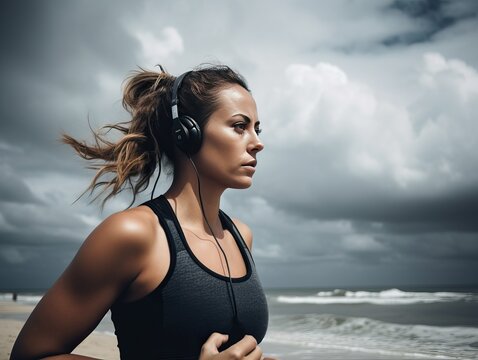 Junge Frau genießt ihr Fitness-Training am Strand mit guter Musik und glücklicher Stimmung, generative AI.