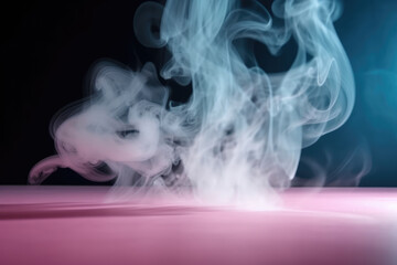 A beautiful light blue background with white smoke trailing across the floor with pink lighting. Abstract background for presentation