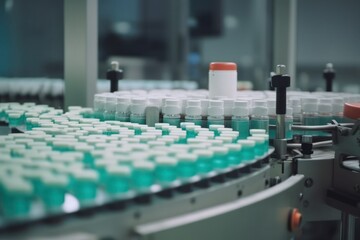 Obraz premium Close-up of the production of tablets for pharmaceuticals, the pharmaceutical or cosmetic industry, the production line of a medical or cosmetic factory.Generative AI